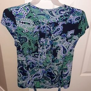 Green blue and white patterned blouse